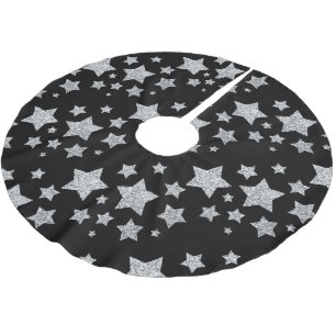 Silver glitter sparkles Stars pattern black Brushed Polyester Tree Skirt