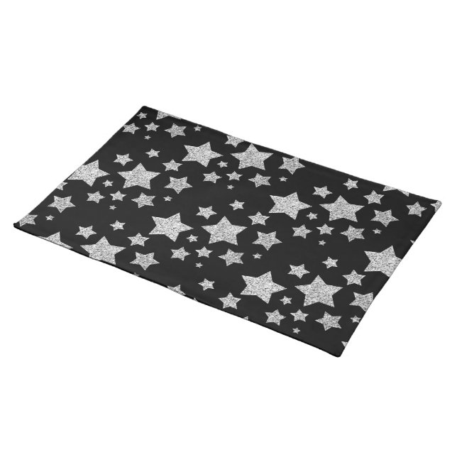 Silver glitter sparkles Stars pattern black Cloth Placemat (On Table)
