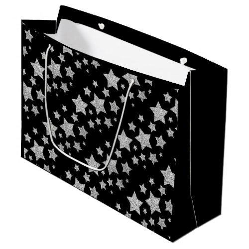 Silver glitter sparkles Stars pattern black Large Gift Bag