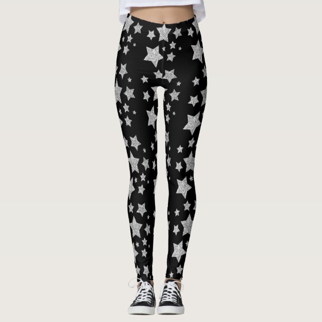 Silver glitter sparkles Stars pattern black Leggings (Front)