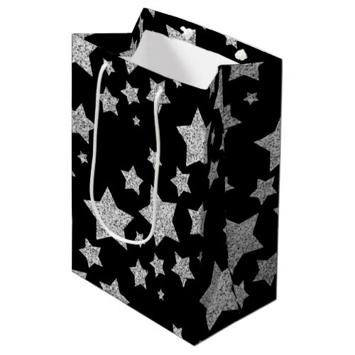 Silver glitter sparkles Stars pattern black Medium Gift Bag