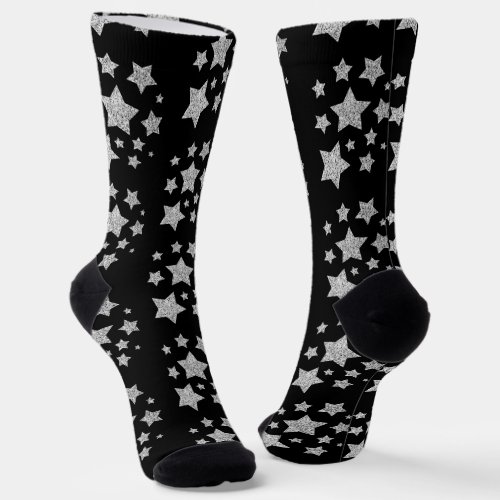 Silver glitter sparkles Stars pattern black Socks