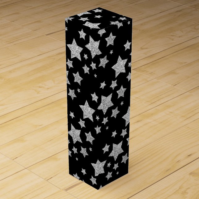 Silver glitter sparkles Stars pattern black Wine Box (Front)