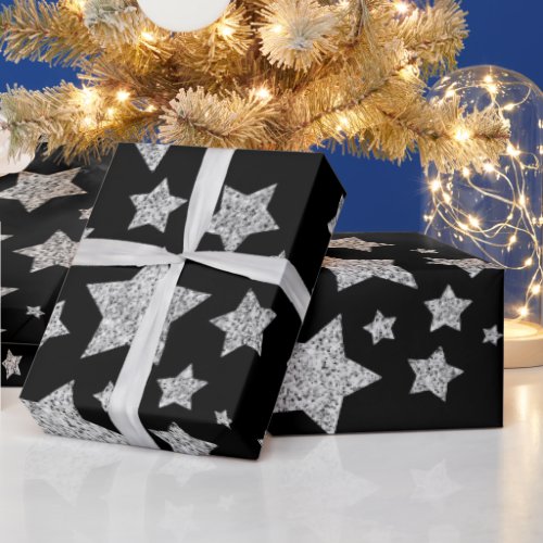 Silver glitter sparkles Stars pattern black Wrapping Paper