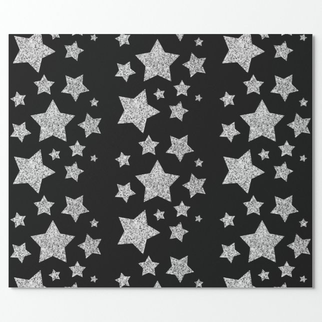 Sparkly Silver Stars Christmas pattern on black Wrapping Paper Sheets, Zazzle in 2023