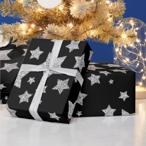 Silver glitter sparkles Stars pattern black Wrapping Paper