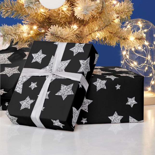 Silver glitter sparkles Stars pattern black Wrapping Paper (Holidays)