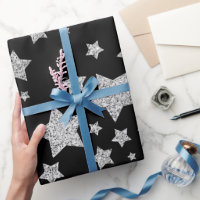 Sparkly Silver Stars Christmas pattern on black Wrapping Paper