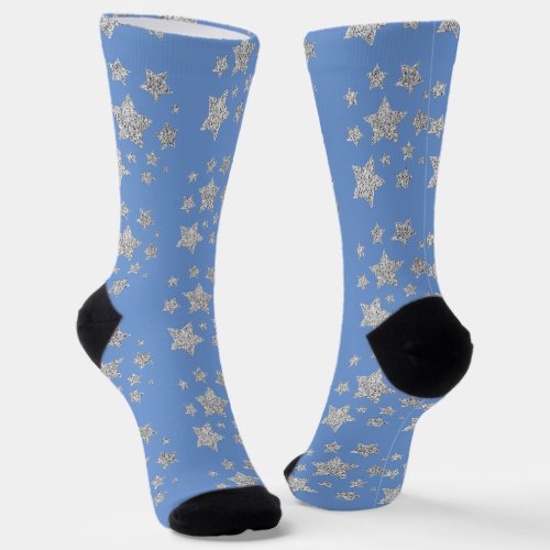 Silver glitter sparkles Stars pattern blue Socks