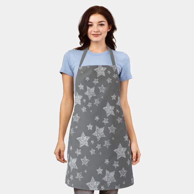 Silver glitter sparkles Stars pattern light gray Apron (Worn)