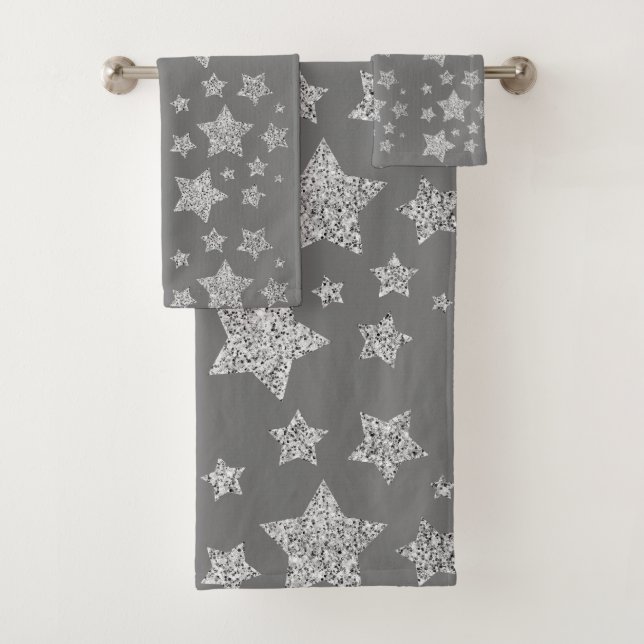 Silver glitter sparkles Stars pattern light gray Bath Towel Set (Insitu)