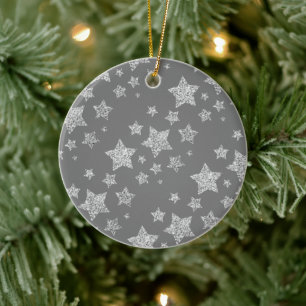 Silver glitter sparkles Stars pattern light gray Ceramic Ornament