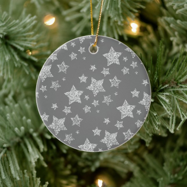 Silver glitter sparkles Stars pattern light gray Ceramic Ornament (Tree)