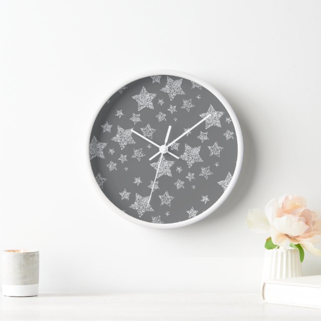 Silver glitter sparkles Stars pattern light gray Clock (Home)