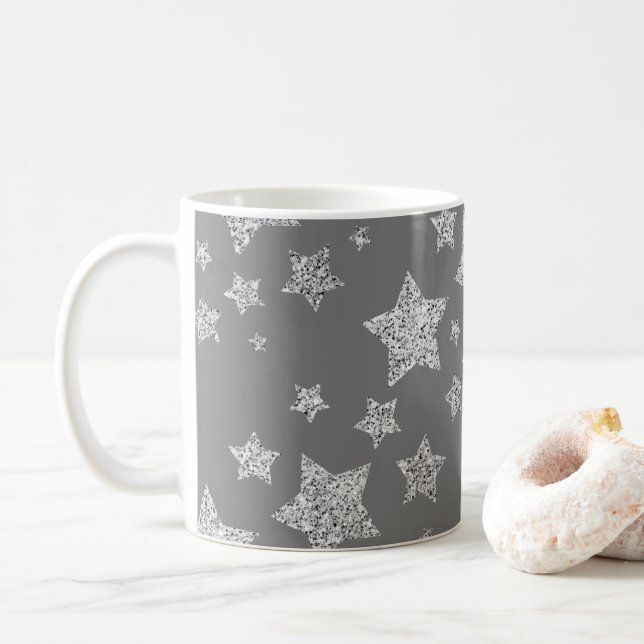Silver glitter sparkles Stars pattern light gray Coffee Mug (With Donut)