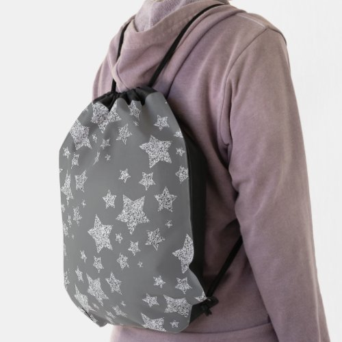 Silver glitter sparkles Stars pattern light gray Drawstring Bag