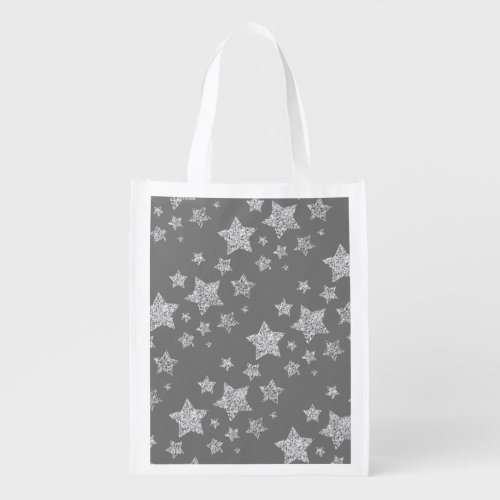 Silver glitter sparkles Stars pattern light gray Grocery Bag