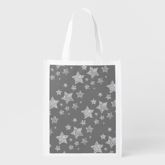 Silver glitter sparkles Stars pattern light gray Grocery Bag (Front)