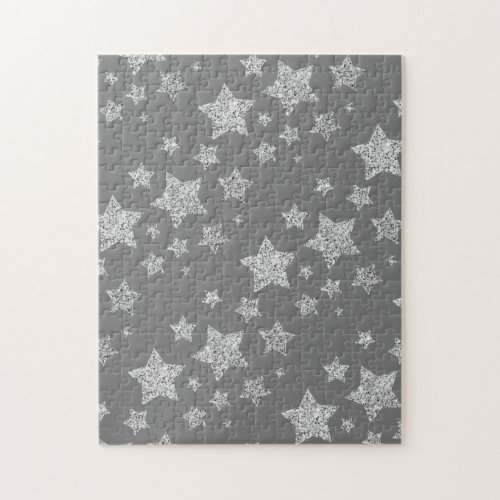 Silver glitter sparkles Stars pattern light gray Jigsaw Puzzle