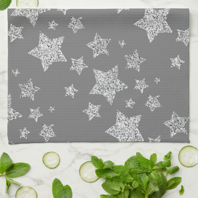Silver glitter sparkles Stars pattern light gray Kitchen Towel (Folded)