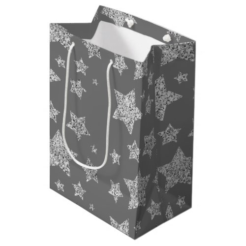 Silver glitter sparkles Stars pattern light gray Medium Gift Bag