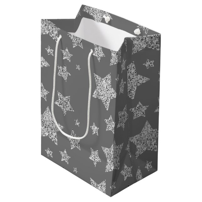 Silver glitter sparkles Stars pattern light gray Medium Gift Bag (Front Angled)