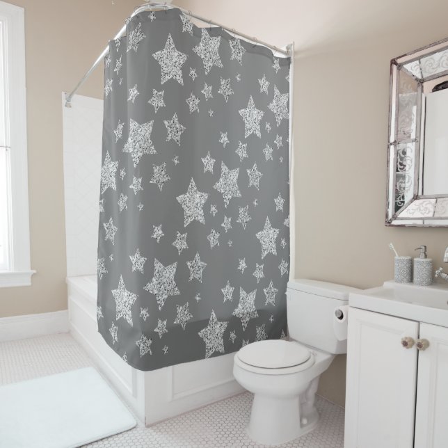 Silver glitter sparkles Stars pattern light gray Shower Curtain (In Situ)