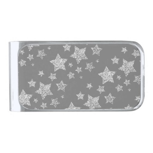 Silver glitter sparkles Stars pattern light gray Silver Finish Money Clip