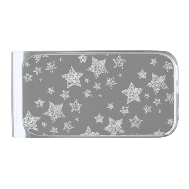Silver glitter sparkles Stars pattern light gray Silver Finish Money Clip (Front)