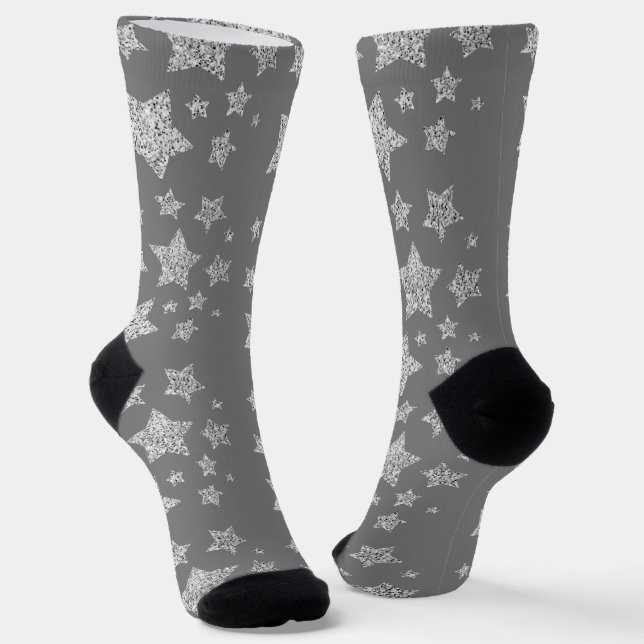 Silver glitter sparkles Stars pattern light gray Socks (Angled)