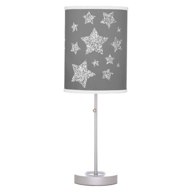 Silver glitter sparkles Stars pattern light gray Table Lamp (Front)