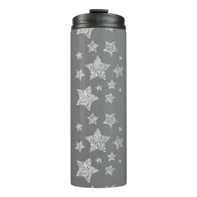 Silver glitter sparkles Stars pattern light gray Thermal Tumbler (Front)