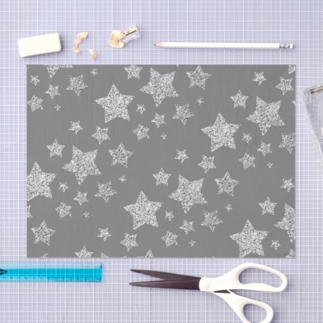 Silver glitter sparkles Stars pattern light gray Tissue Paper (Craft)