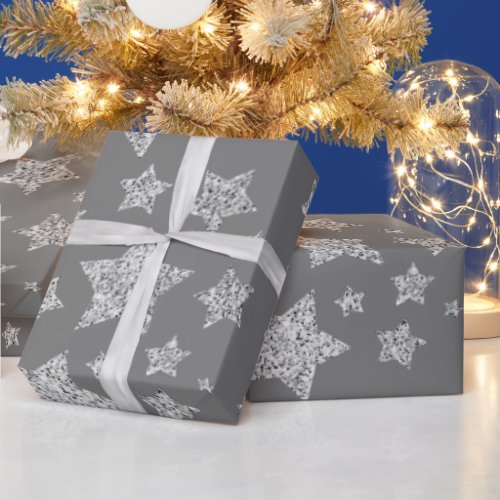 Silver glitter sparkles Stars pattern light gray Wrapping Paper