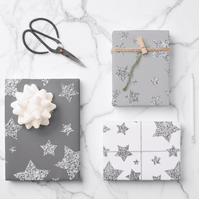 Silver glitter sparkles Stars pattern light gray Wrapping Paper Sheets (Front)