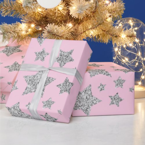 Silver glitter sparkles Stars pattern light pink  Wrapping Paper
