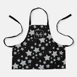 Silver glitter sparkles Stars pattern Monogram Apron