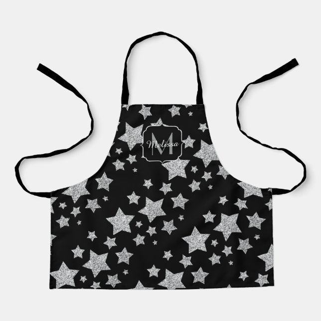 Silver glitter sparkles Stars pattern Monogram Apron (Front)