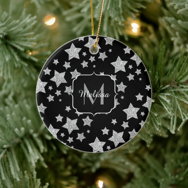 Silver glitter sparkles Stars pattern Monogram Ceramic Ornament (Tree)