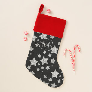 Silver glitter sparkles Stars pattern Monogram Christmas Stocking