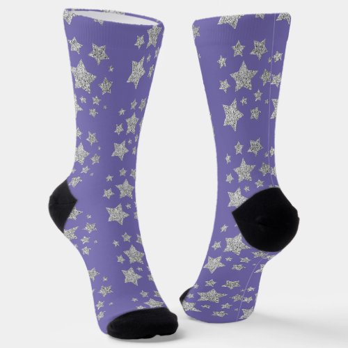 Silver glitter sparkles Stars pattern purple Socks