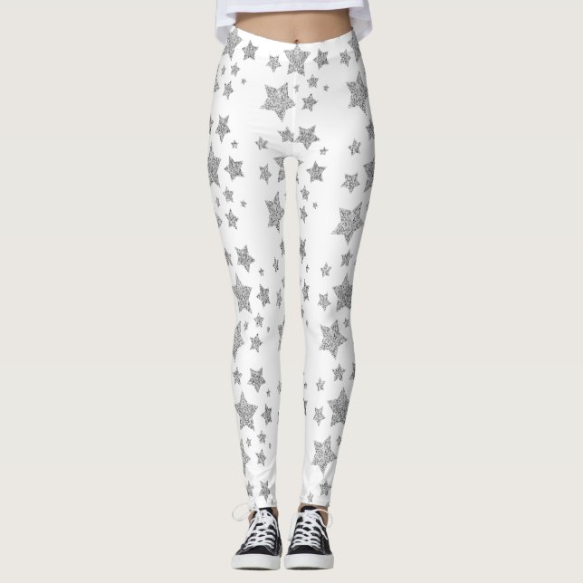 Silver glitter sparkles Stars pattern white Leggings (Front)