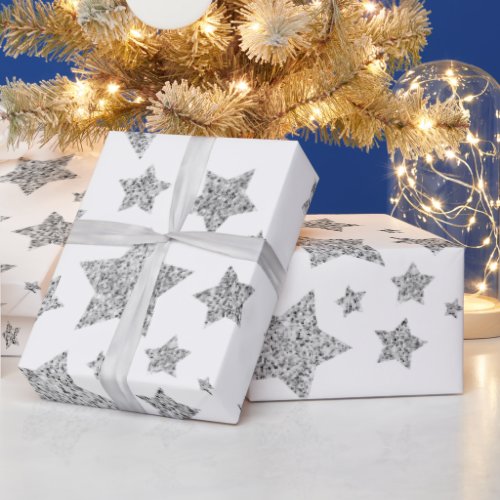 Silver glitter sparkles Stars pattern white  Wrapping Paper