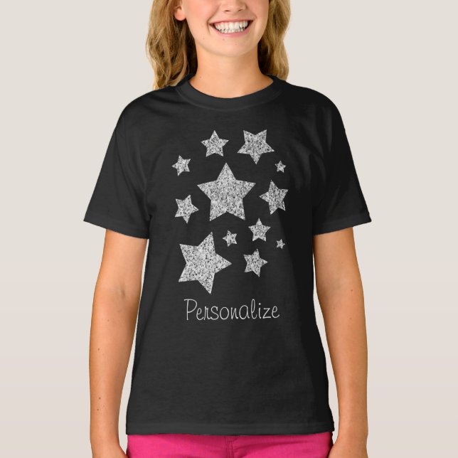 Silver glitter sparkles Stars Personalize T-Shirt (Front)