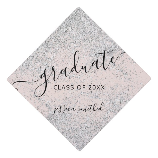 Silver glitter sparkles typography graduate graduation cap topper