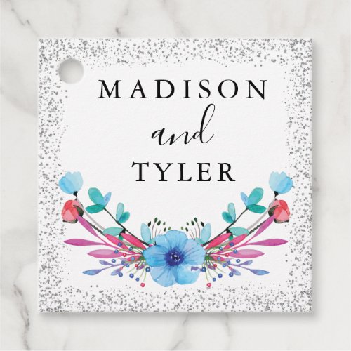 Silver Glitter Sparkles Watercolor Floral Wreath Favor Tags