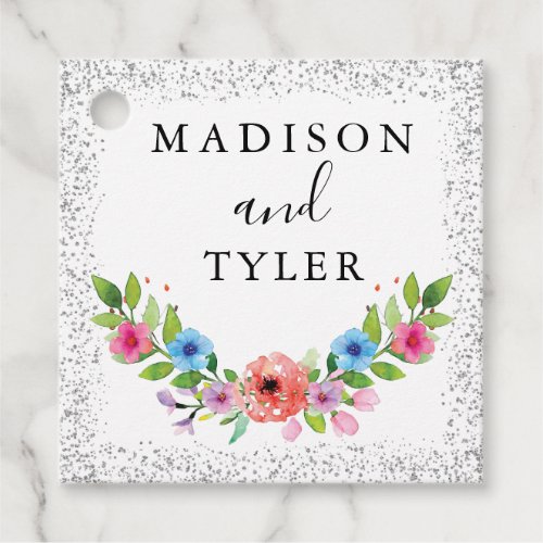 Silver Glitter Sparkles Watercolor Floral Wreath Favor Tags