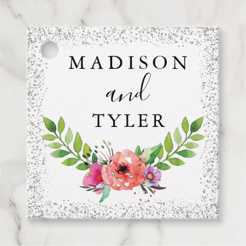 Silver Glitter Sparkles Watercolor Floral Wreath Favor Tags