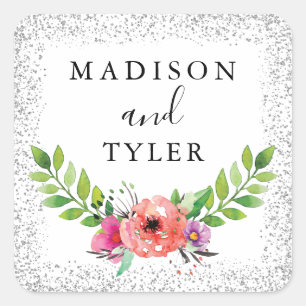 Silver Glitter Sparkles Watercolor Floral Wreath Square Sticker