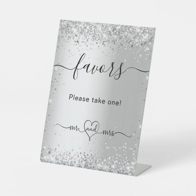 Silver glitter sparkles wedding guest favors pedestal sign (Front)
